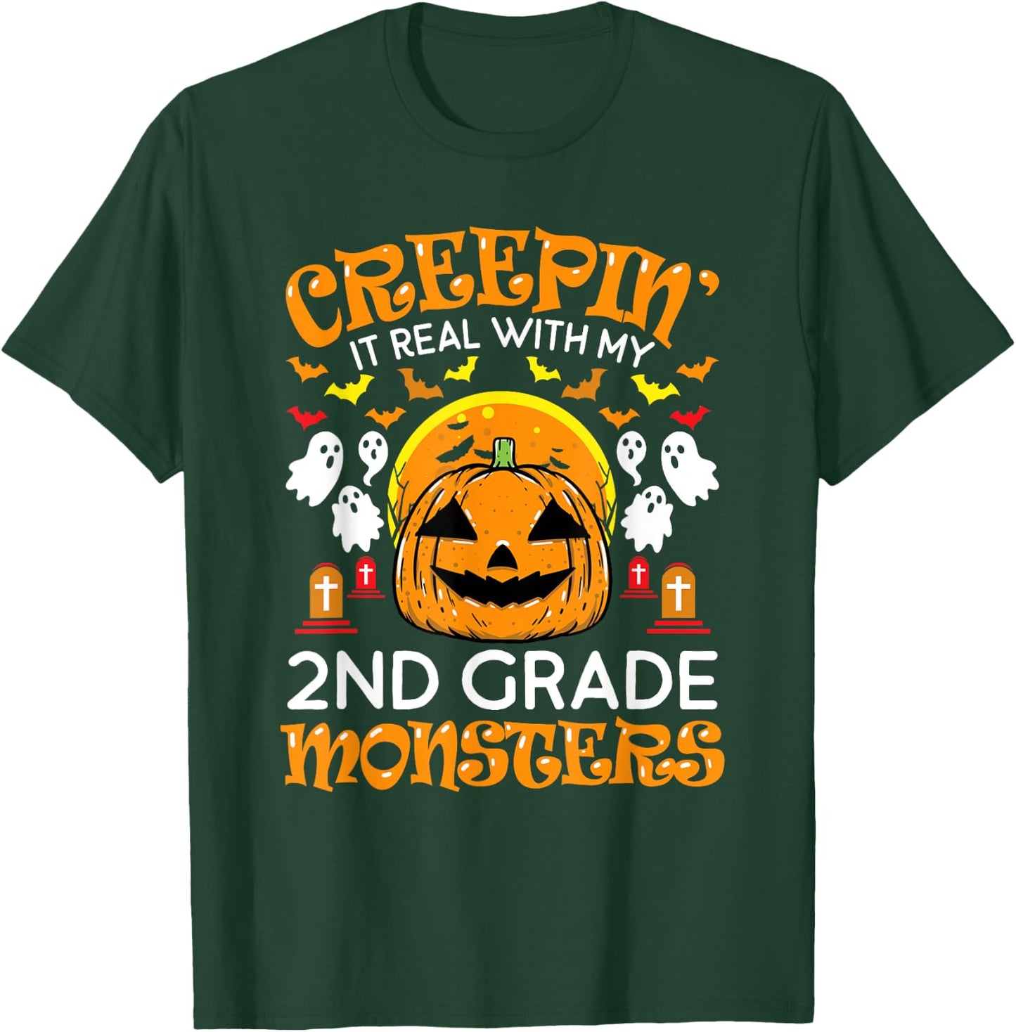 Creepin It Real with My 2nd Grade Monsters Halloween Teacher T-Shirt - T-Shirt | Forest