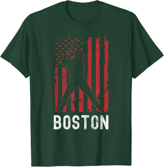 Boston Massachusetts American Flag Baseball Weathered T-Shirt - T-Shirt | Forest