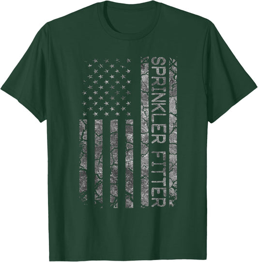Funny Job Title Worker American Flag Sprinkler Fitter Men T-Shirt - T-Shirt | Forest