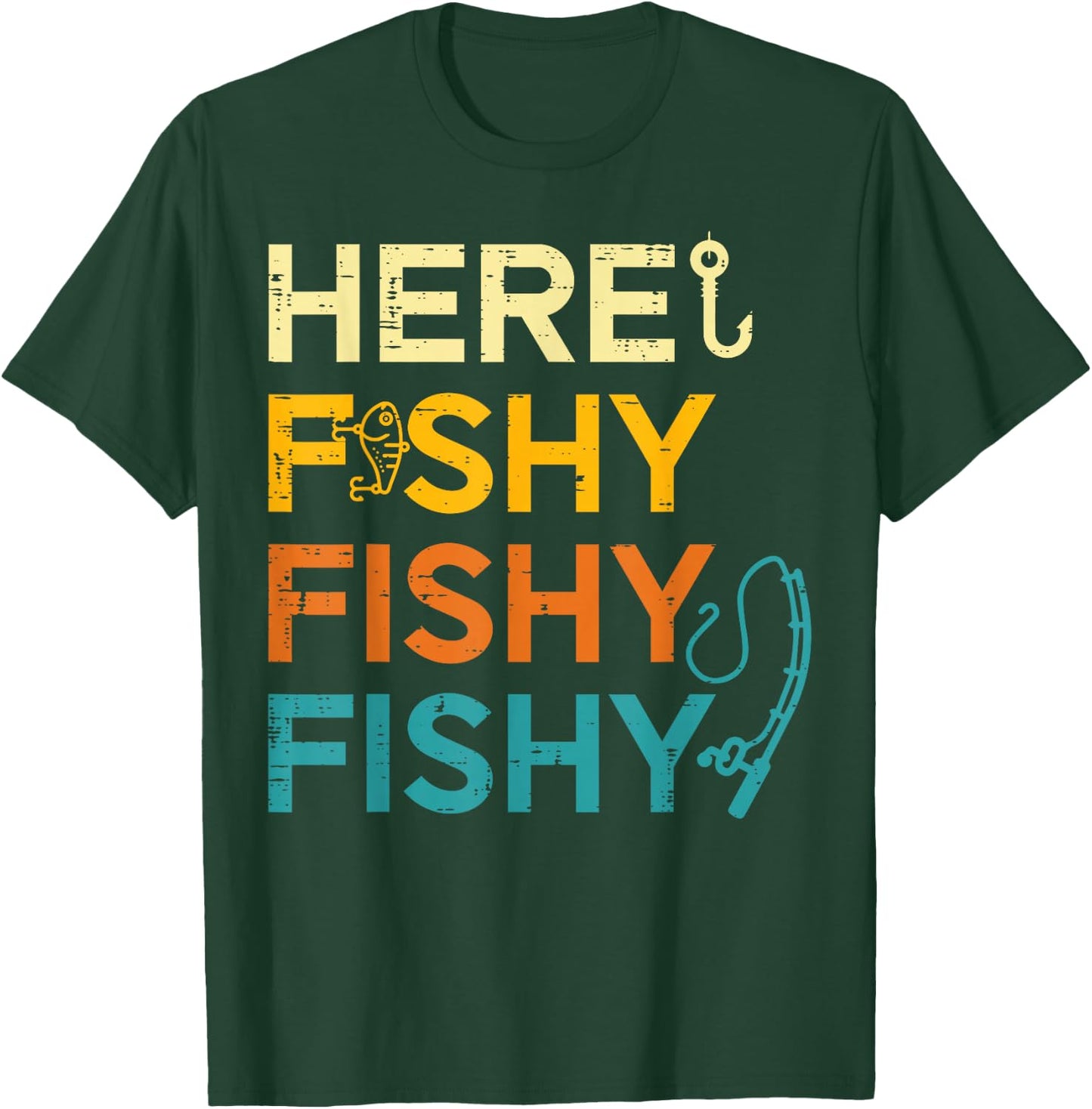 Fishing Here Fishy Retro Fish Lover Fisherman Men Women Kids T-Shirt - T-Shirt | Forest