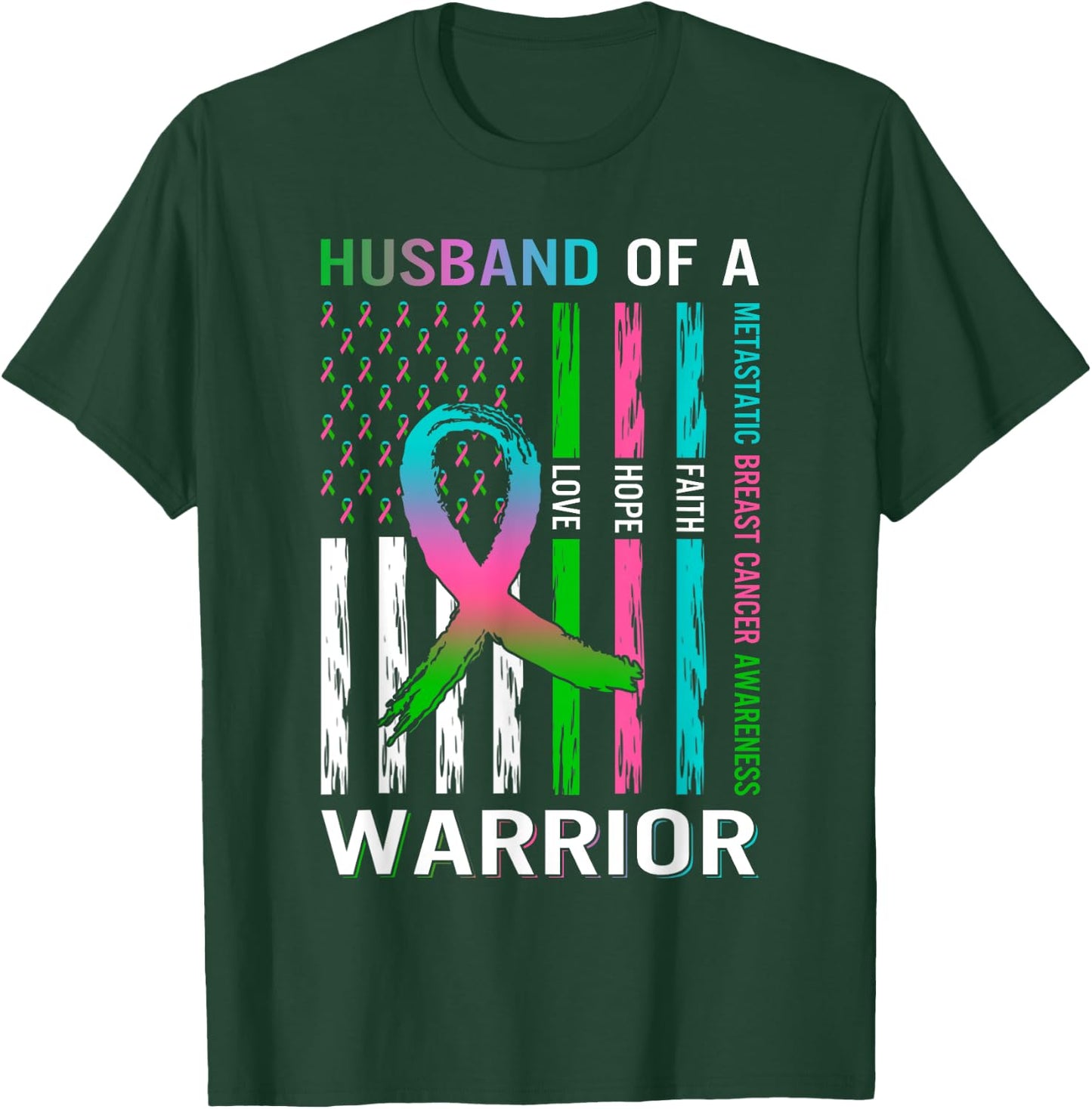 Flag Husband Of A Warrior Metastatic Breast Cancer Awareness T-Shirt - T-Shirt | Forest
