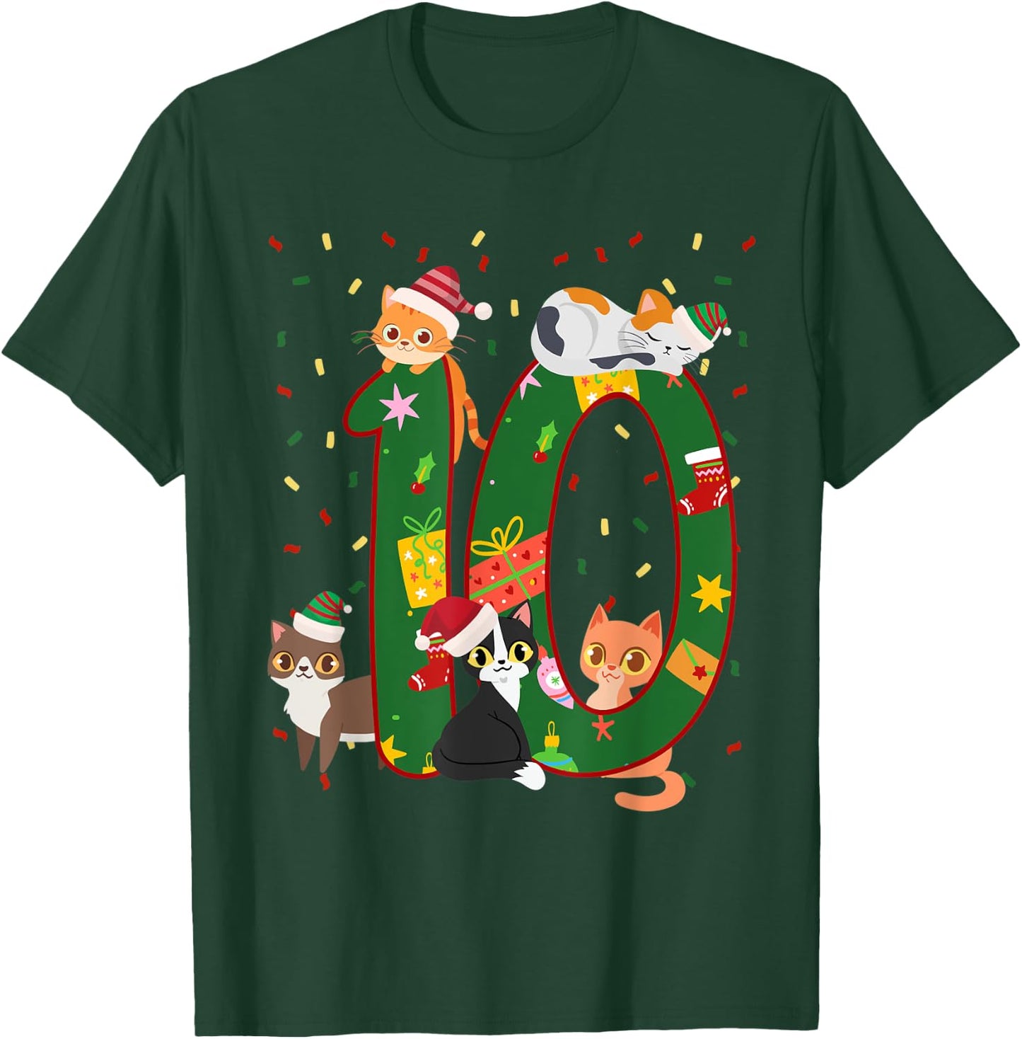 10 Years Old Kids Xmas Cute Cats 10th Birthday Christmas T-Shirt - T-Shirt | Forest