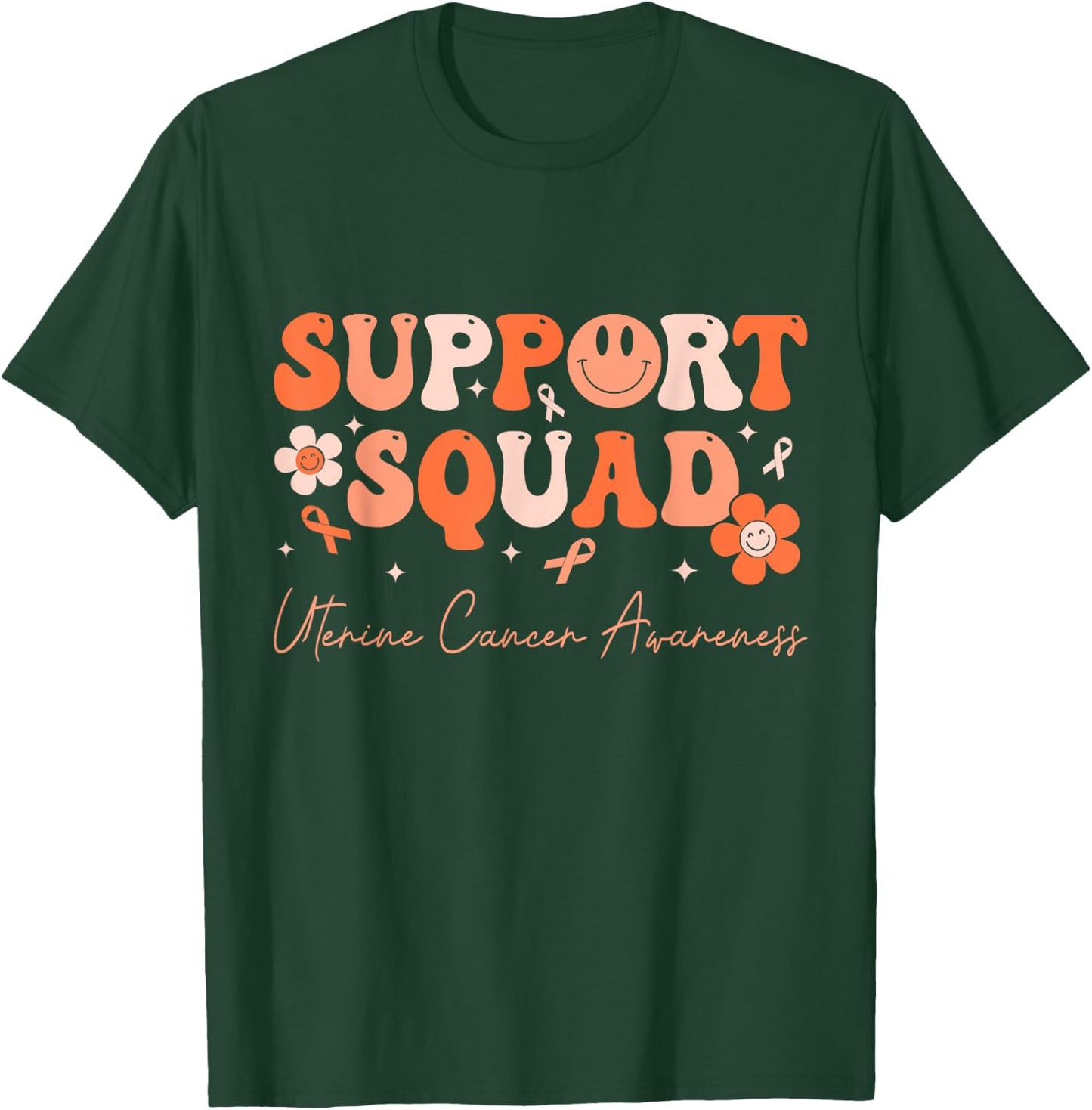 Groovy Support Squad Uterine Cancer Awareness Peach Ribbon T-Shirt - T-Shirt | Forest