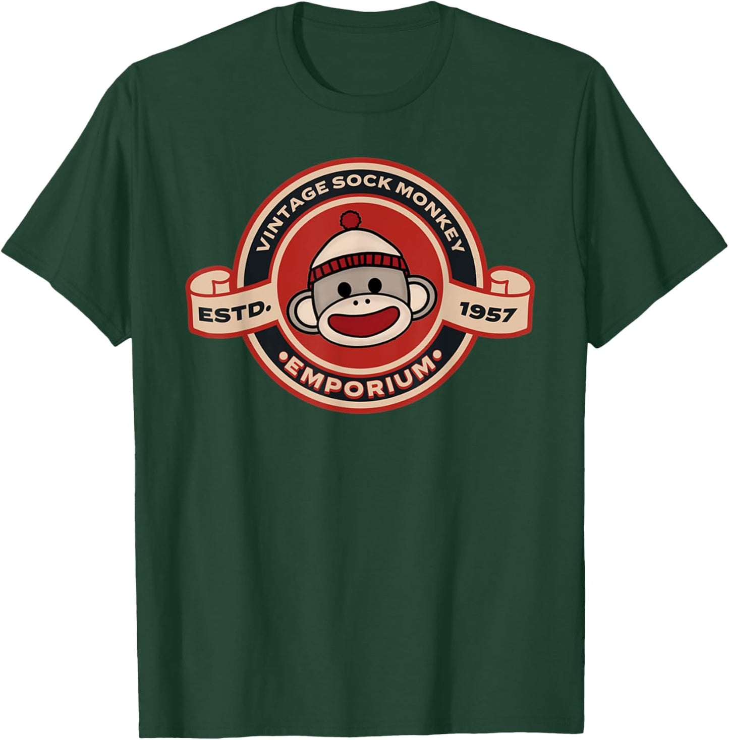 Vintage Sock Monkey Emporium Logo Emblem Sock Monkey T-Shirt - T-Shirt | Forest