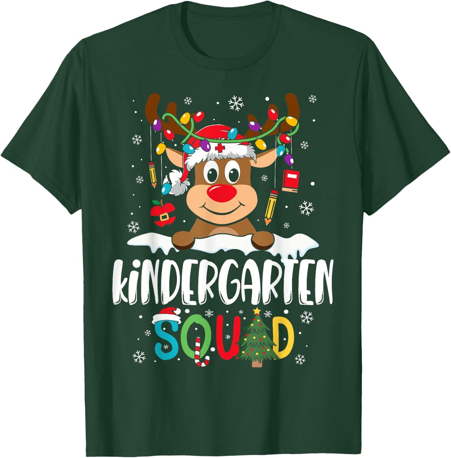 Kindergarten Teacher Squad Funny Reindeer Teacher Christmas T-Shirt - T-Shirt | Forest