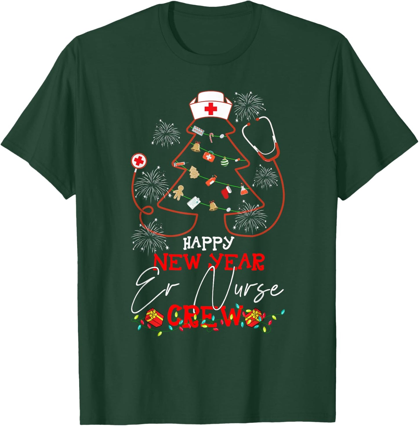 Christmas - Happy New Year ER Nurse Crew Reindeer Nurse - Black, Small - Women-Adults T-Shirt - T-Shirt | Forest