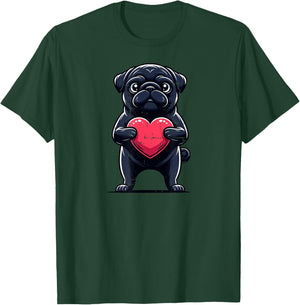 Valentines Day Black Pug Heart Funny Dog Mom Dad Women Girls Kids T-Shirt - T-Shirt | Forest