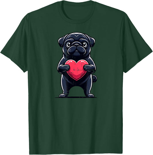 Valentines Day Black Pug Heart Funny Dog Mom Dad Women Girls Kids T-Shirt - T-Shirt | Forest