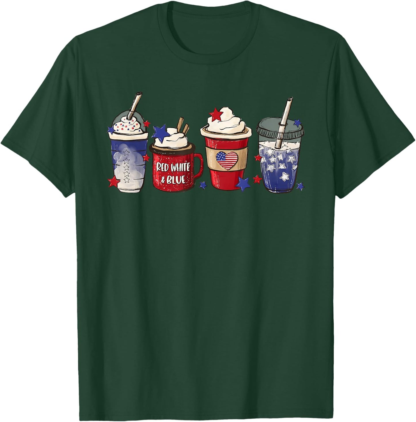 Red White Blue Latte Ice Coffee USA 4th Of July Patriotic Women Kids Men T-Shirt - T-Shirt | Forest