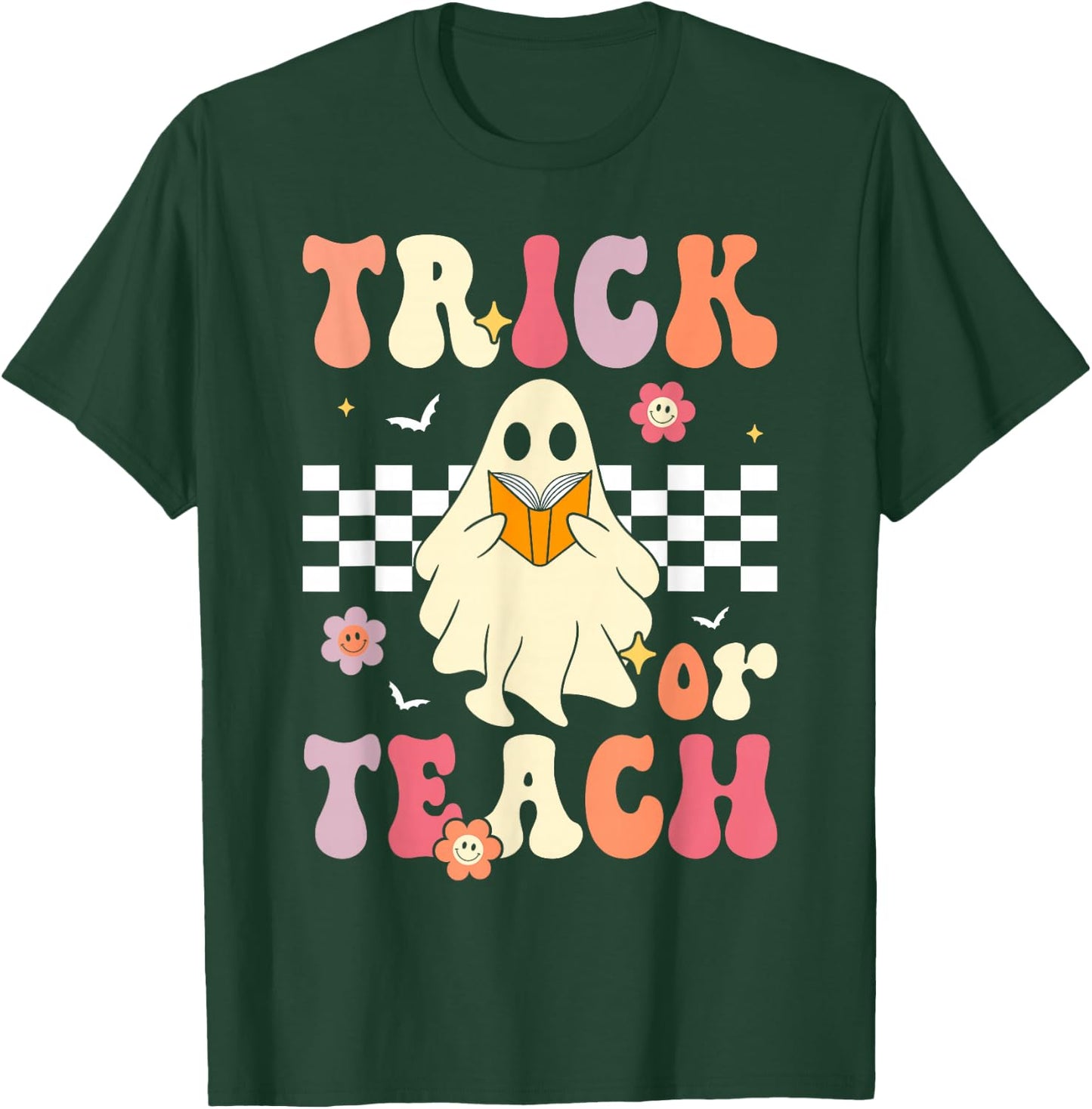 Groovy Teacher Halloween Retro Trick or Teach Floral Ghost T-Shirt - T-Shirt | Forest