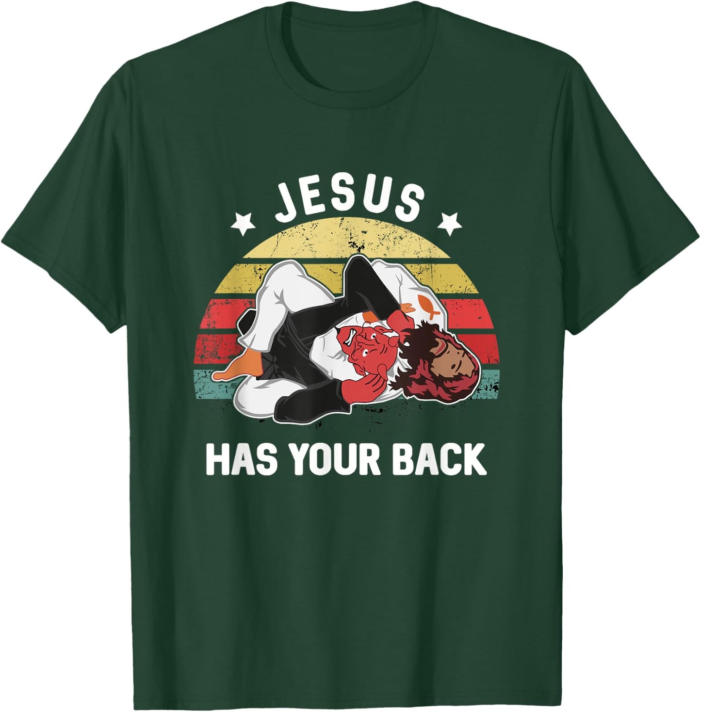 Jesus Has Your Back Jiu Jitsu Retro Christian T-Shirt - T-Shirt | Forest