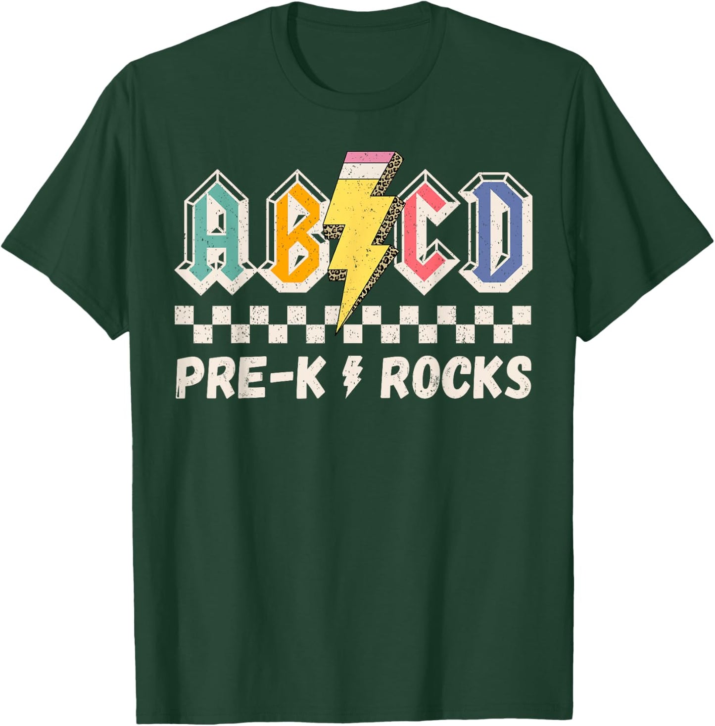 ABCD Pre-k Kindergarten Rocks Pencil Lightning Teachers Rock T-Shirt - T-Shirt | Forest