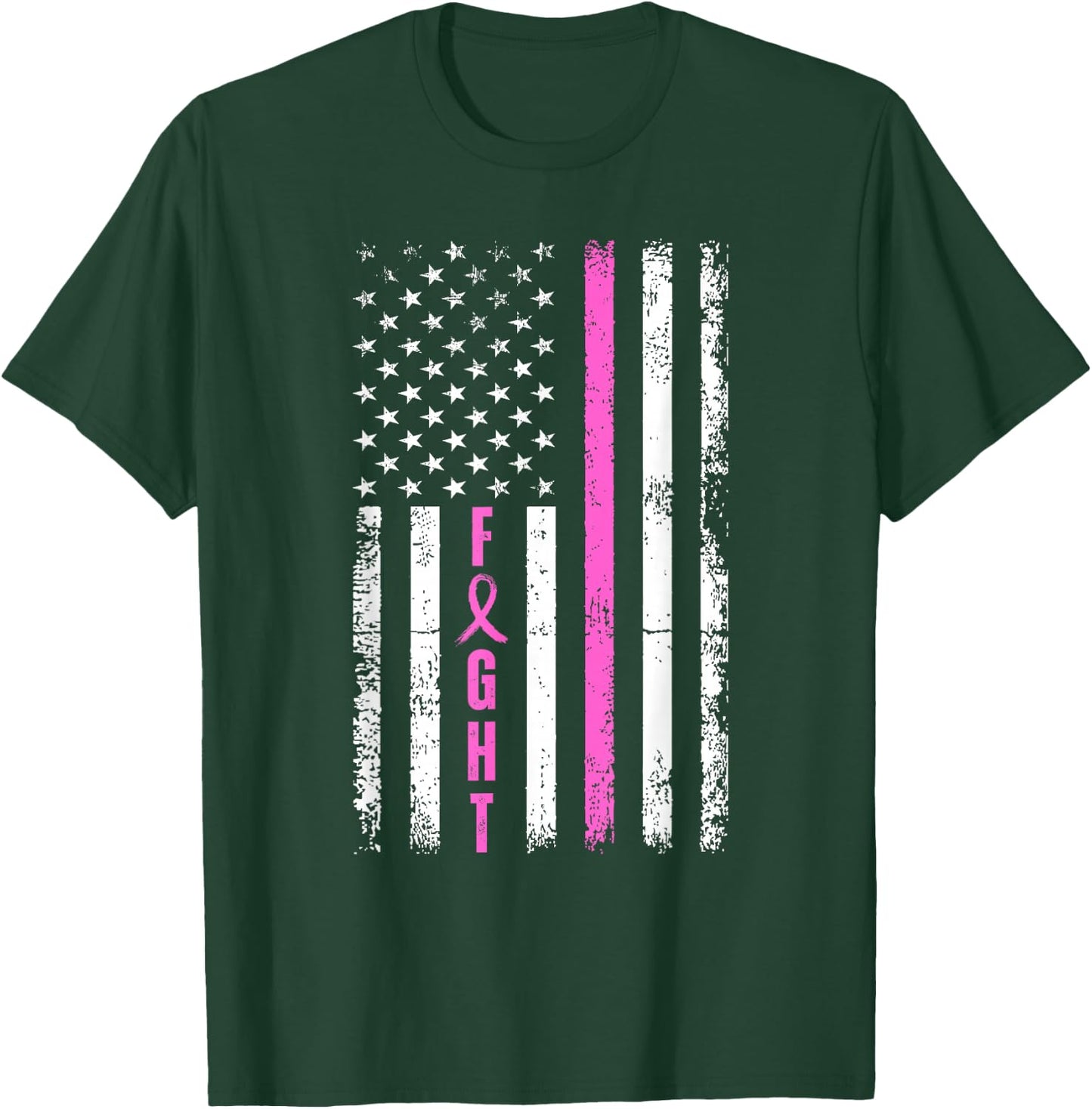 Fight Breast Survivor American Flag Breast Cancer Awareness T-Shirt - T-Shirt | Forest