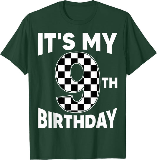 9 Year Old Birthday Racing Car Flag It's My 9th Birthday Boy T-Shirt - T-Shirt | Forest