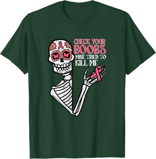 Sugar Skull Skeleton Funny Breast Cancer Awareness Women T-Shirt - T-Shirt | Forest