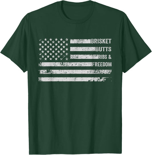 Brisket Butts Ribs and Freedom BBQ American Flag T-Shirt - T-Shirt | Forest