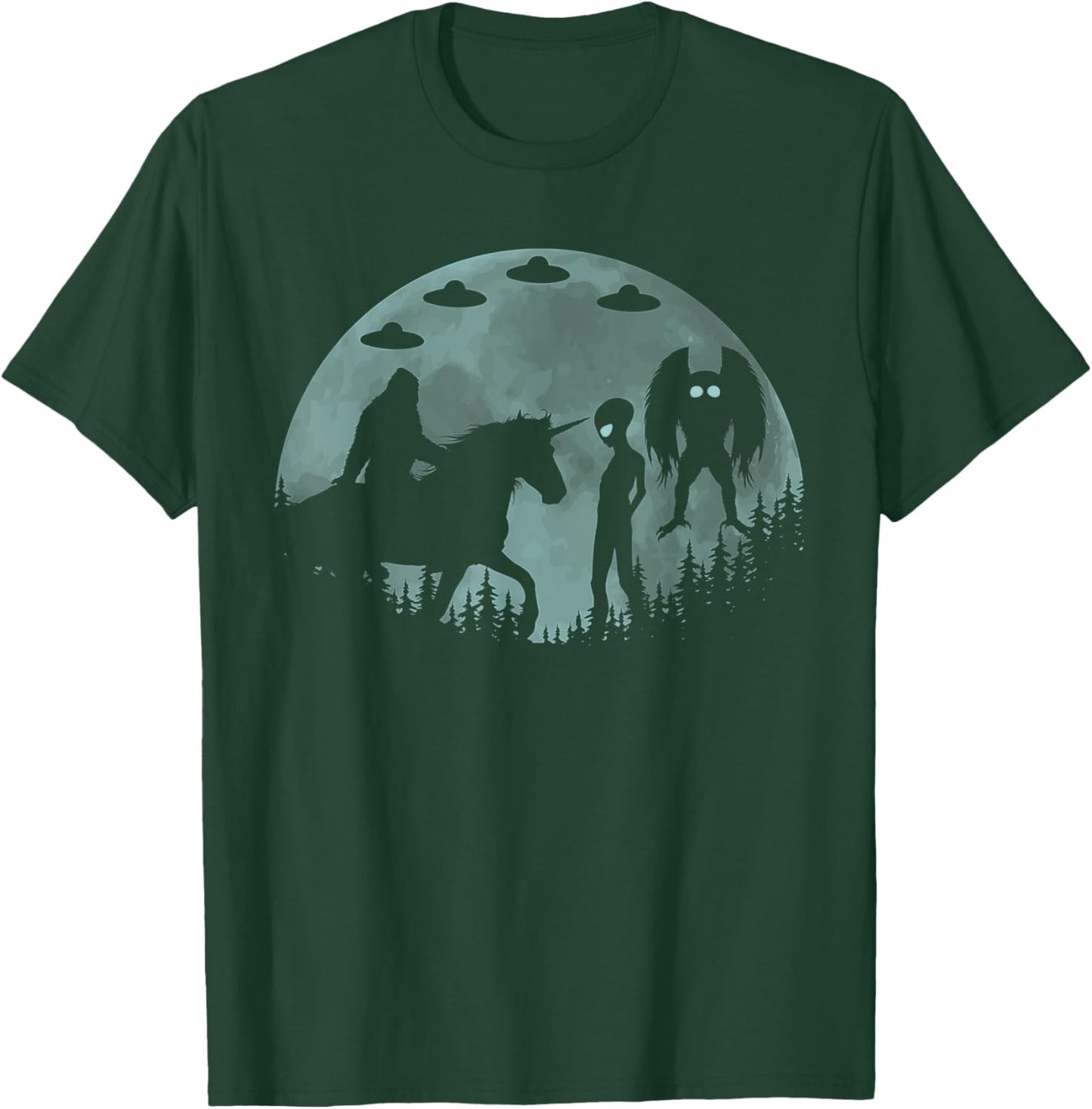 Bigfoot Riding Unicorn Funny Sasquatch Ufo Mothman And Alien T-Shirt - T-Shirt | Forest
