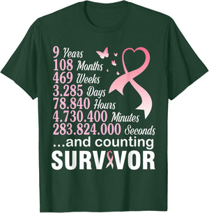 9 Years 108 Months & Counting Survivor Warrior Breast Cancer T-Shirt - T-Shirt | Forest