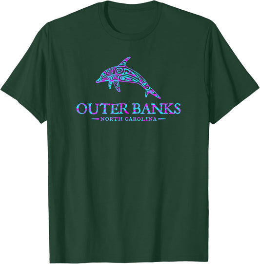 Outer Banks NC OBX Dolphin Retro Preppy Throwback T-Shirt - T-Shirt | Forest
