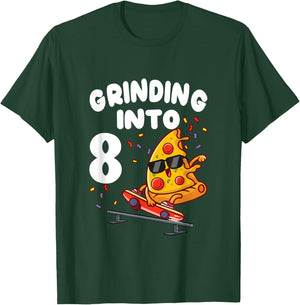 8th Birthday Party Pizza Skateboarding Grinding Into 8 T-Shirt - T-Shirt | Forest