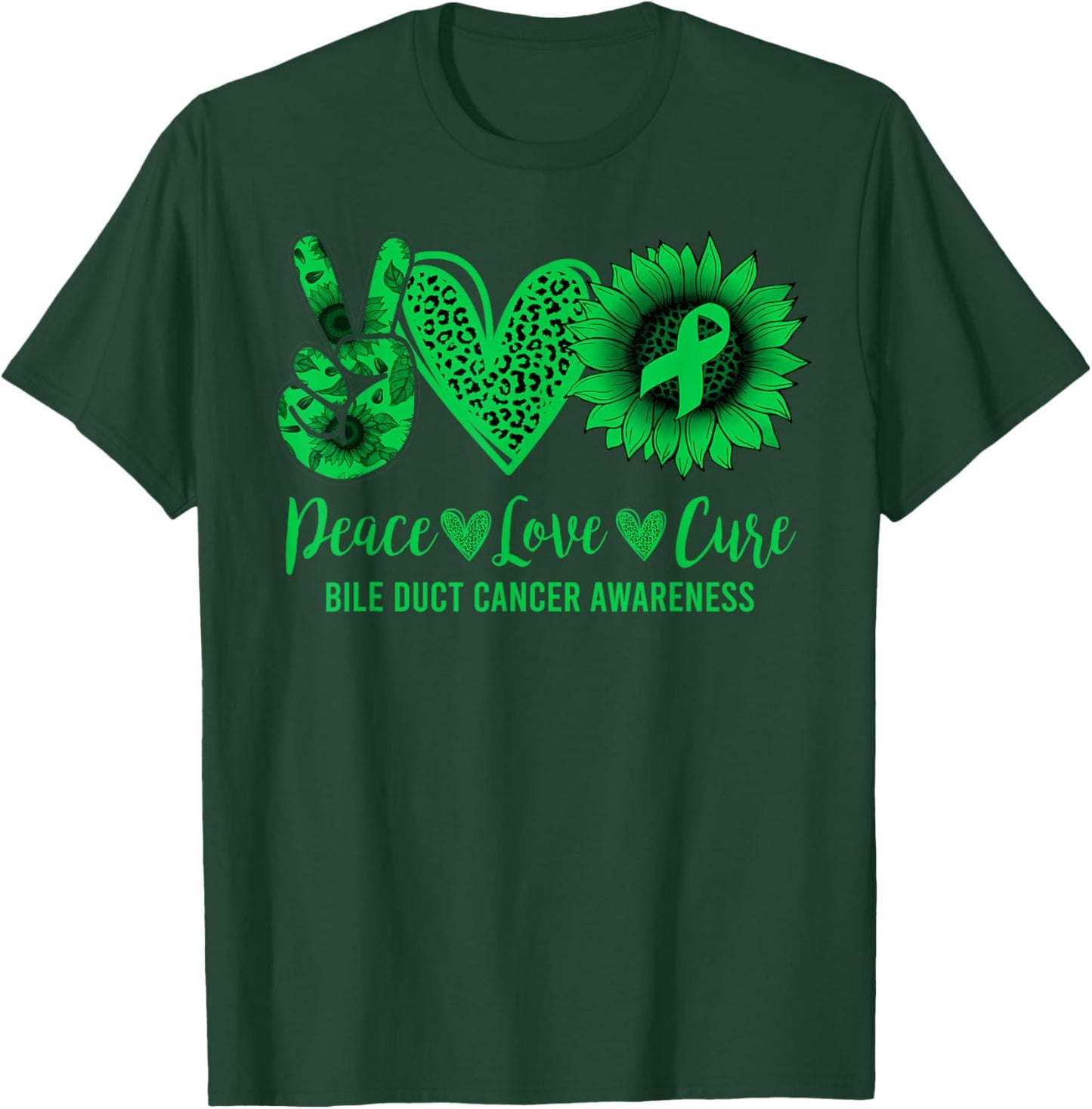 Peace Love Cure Sunflower Bile Duct Cancer Awareness Warrior T-Shirt - T-Shirt | Forest