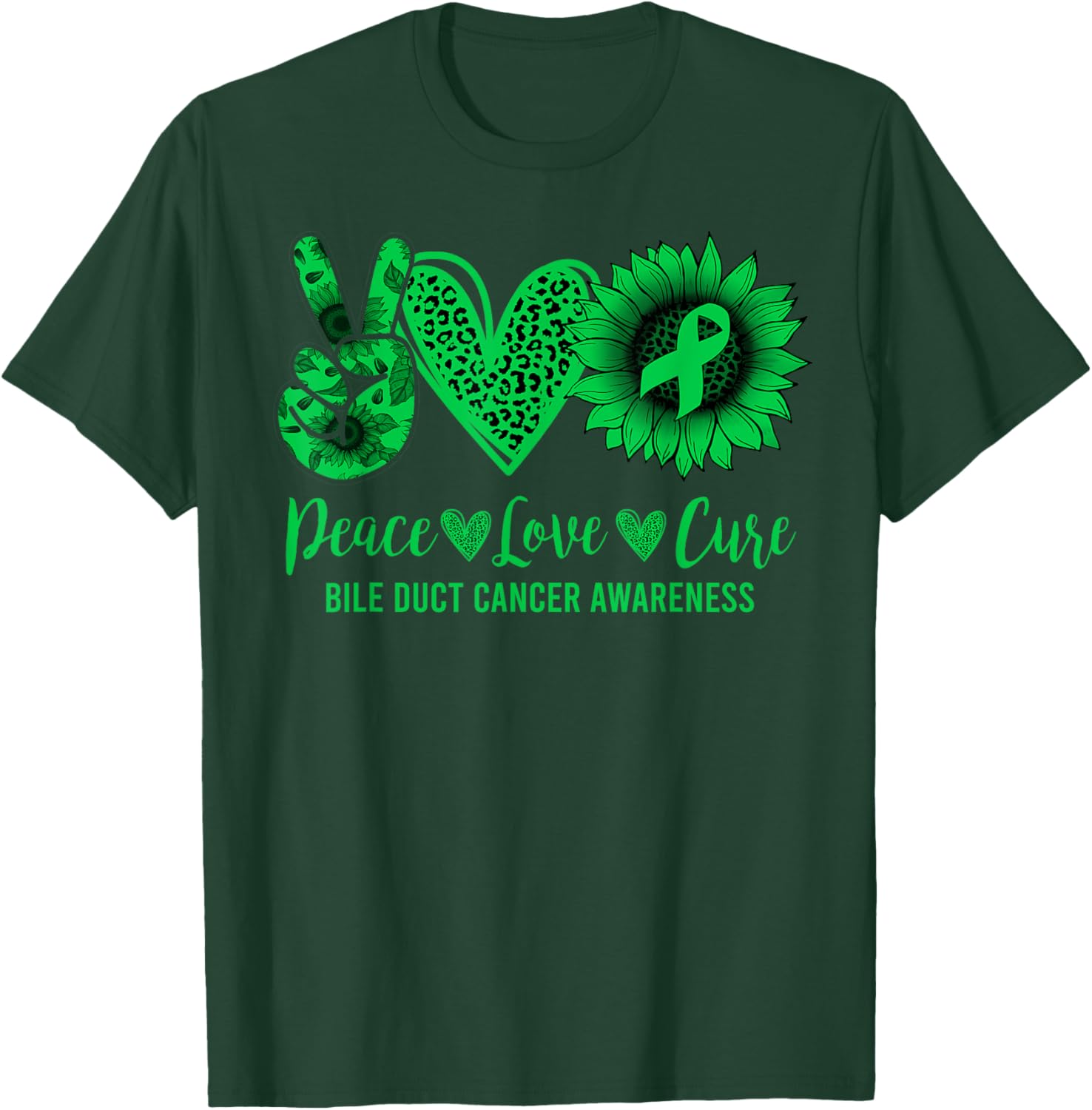 Peace Love Cure Sunflower Bile Duct Cancer Awareness Warrior T-Shirt - T-Shirt | Forest