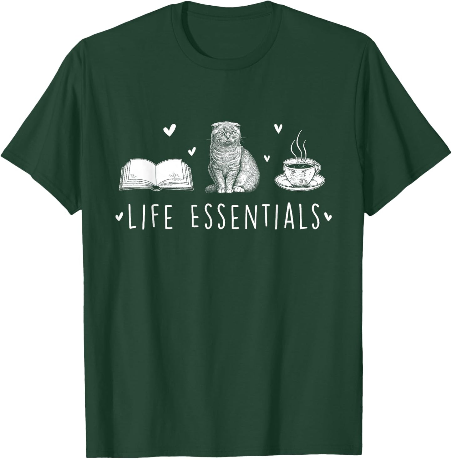 Life Essentials - Cats Books Coffee Animal Lover Pet Owner T-Shirt - T-Shirt | Forest