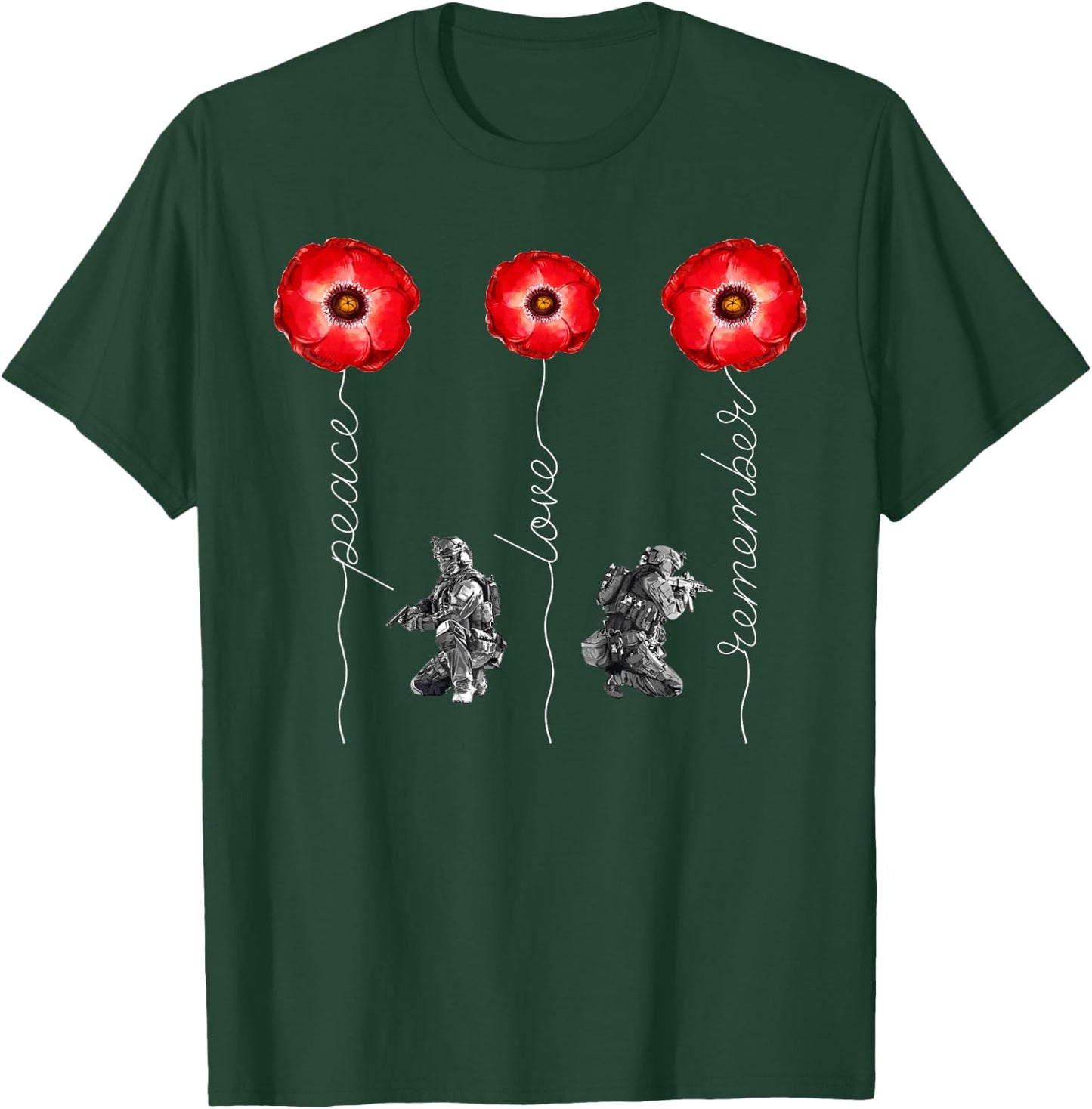 Peace Love Remember Red Poppy Flower Soldier Memorial Day T-Shirt - T-Shirt | Forest