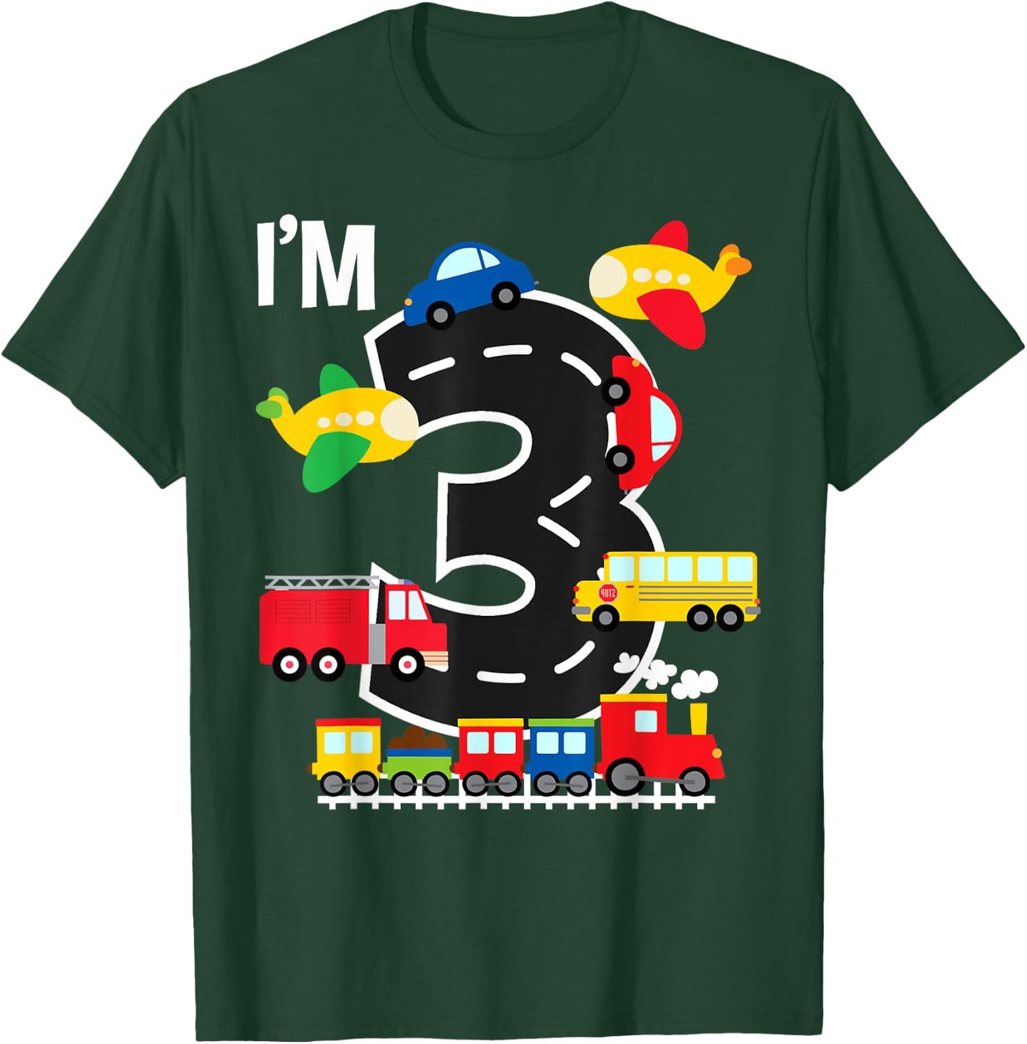 I'm 3 Birthday Boy 3rd Bday Train Car Fire Truck Airplane T-Shirt - T-Shirt | Forest