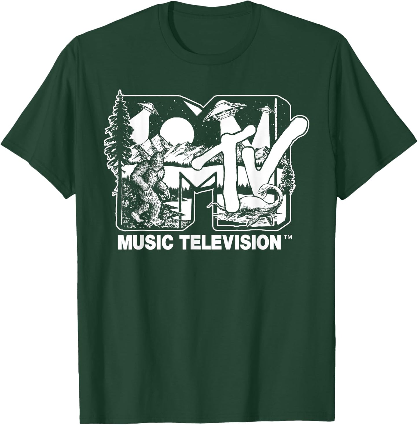 Mademark x MTV - Cryptid-Filled MTV Logo Feat. Bigfoot, UFO, & Nessie Sketch T-Shirt - T-Shirt | Forest
