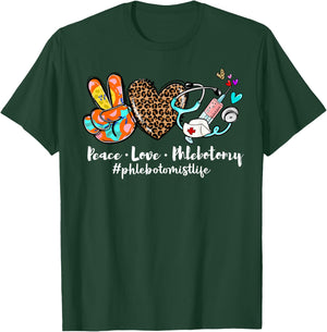 Peace Love Phlebotomy Syringe Leopard Phlebotomist Life T-Shirt - T-Shirt | Forest