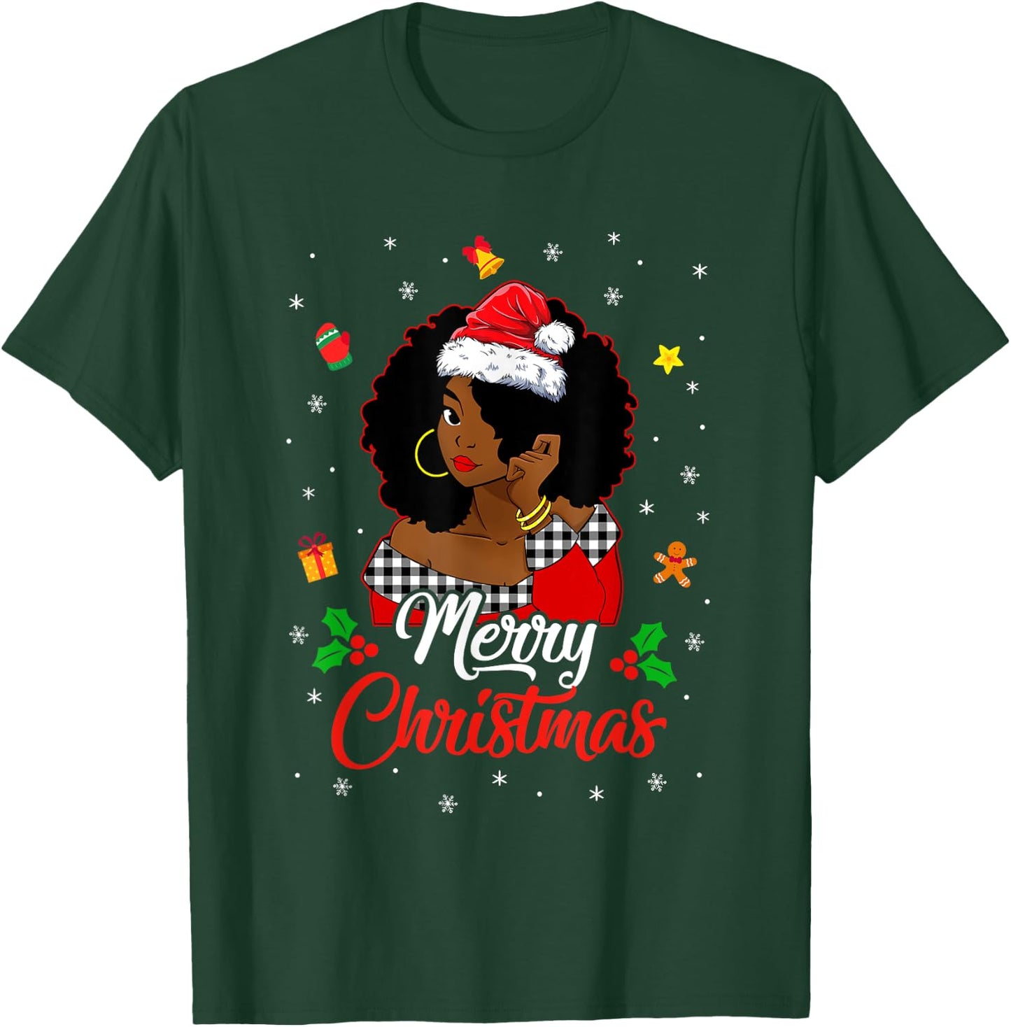 Black African Girl American Melanin Christmas Santa Hat Xmas T-Shirt - T-Shirt | Forest