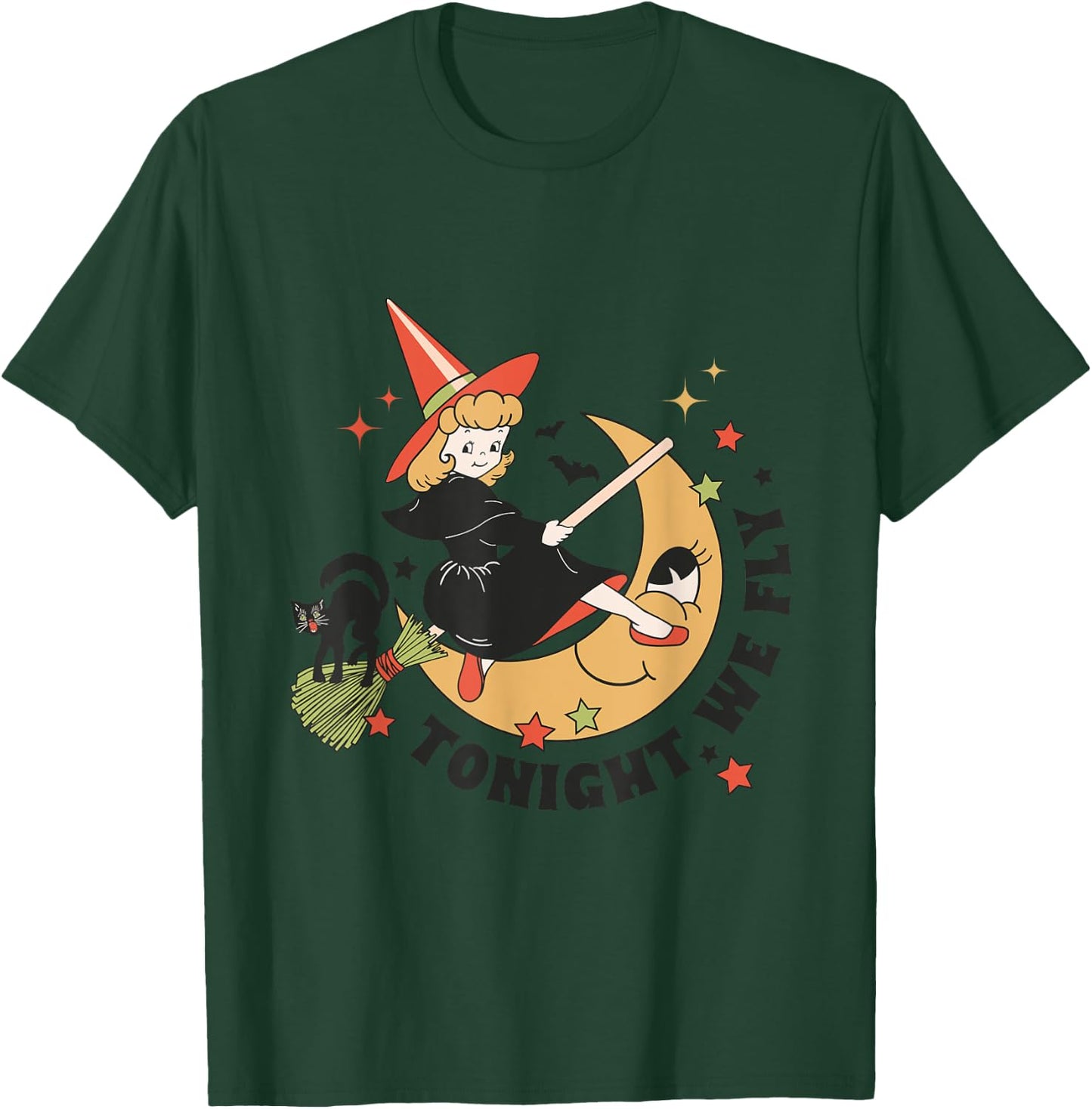 Vintage Tonight We Fly Witch On Broom Cat Retro Halloween Women Kids T-Shirt - T-Shirt | Forest
