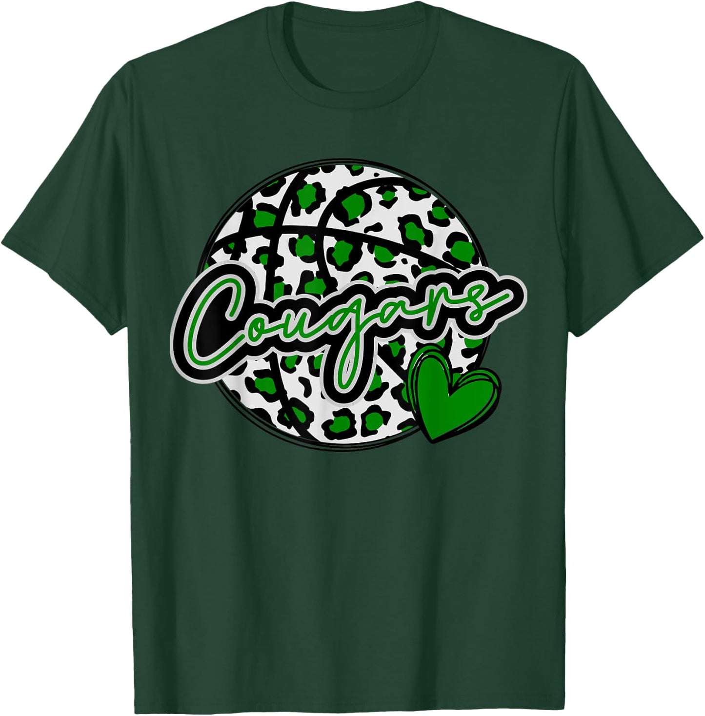 Leopard Cheetah Basketball COUGARS Green Spirit Game T-Shirt - T-Shirt | Forest