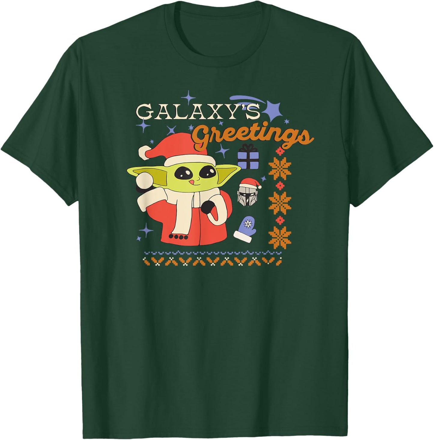Amazon Essentials Men's The Mandalorian Grogu Christmas Holiday Galaxy's Greetings , Black Graphic Print, Small T-Shirt - T-Shirt | Forest
