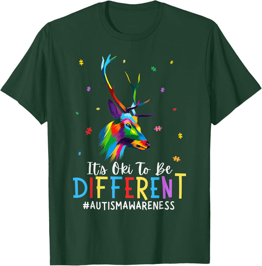 Funny Autism Awareness It's Oki To Be Different Deer Kid T-Shirt - T-Shirt | Forest