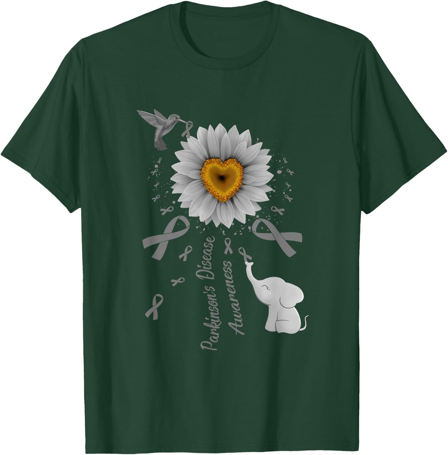 Sunflower Hummingbird Elephant Parkinson's Disease Awareness T-Shirt - T-Shirt | Forest