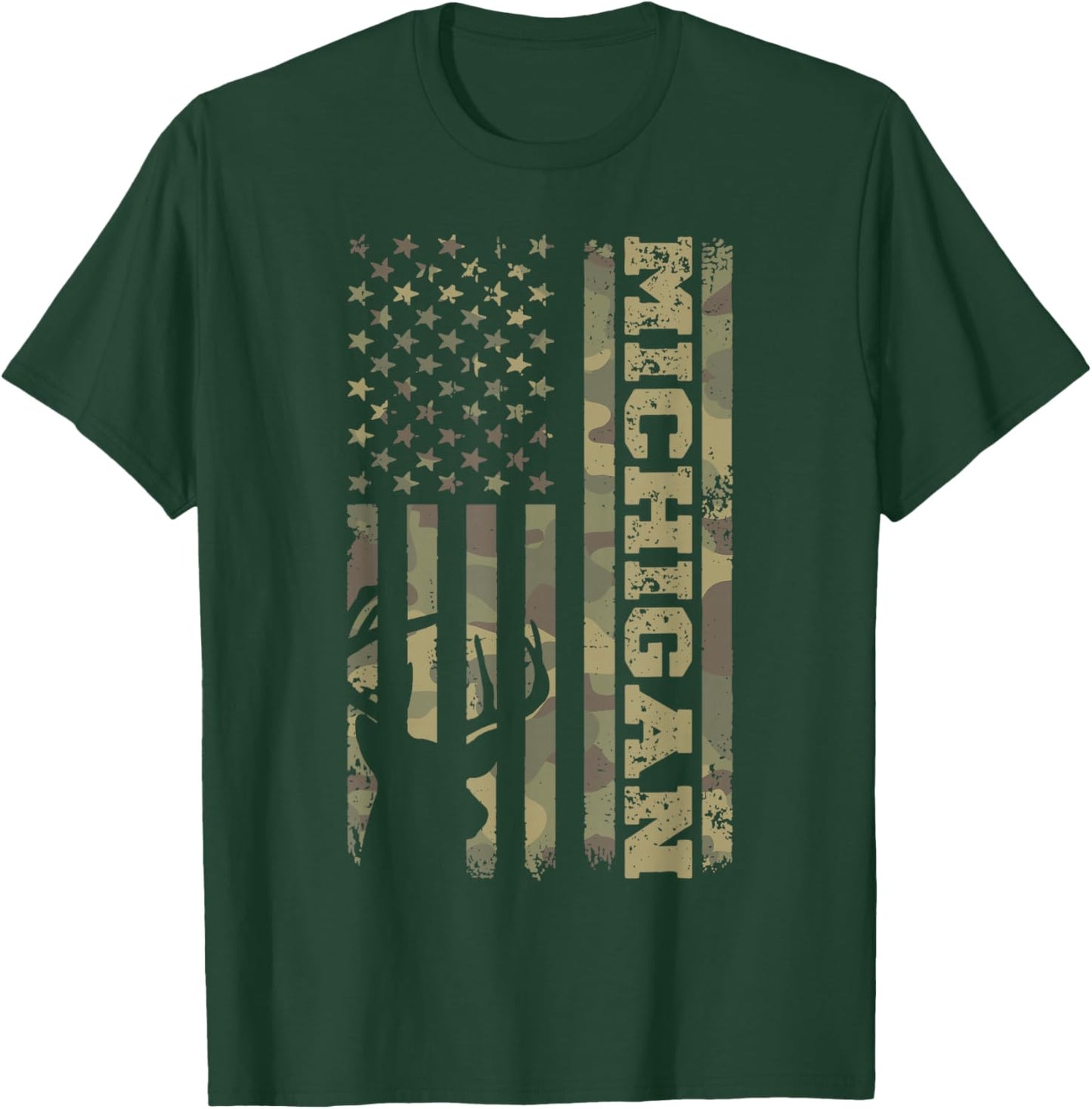 Michigan Deer Hunter Vintage Deer Hunting Camo USA Flag T-Shirt - T-Shirt | Forest