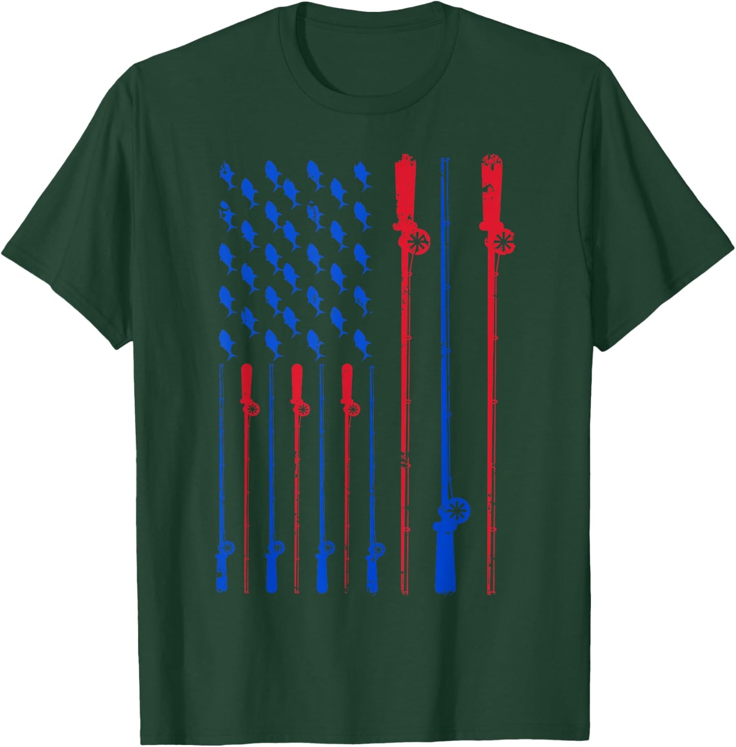 Fishing Pole American Flag Patriotic Men Women 4th of July T-Shirt - T-Shirt | Forest