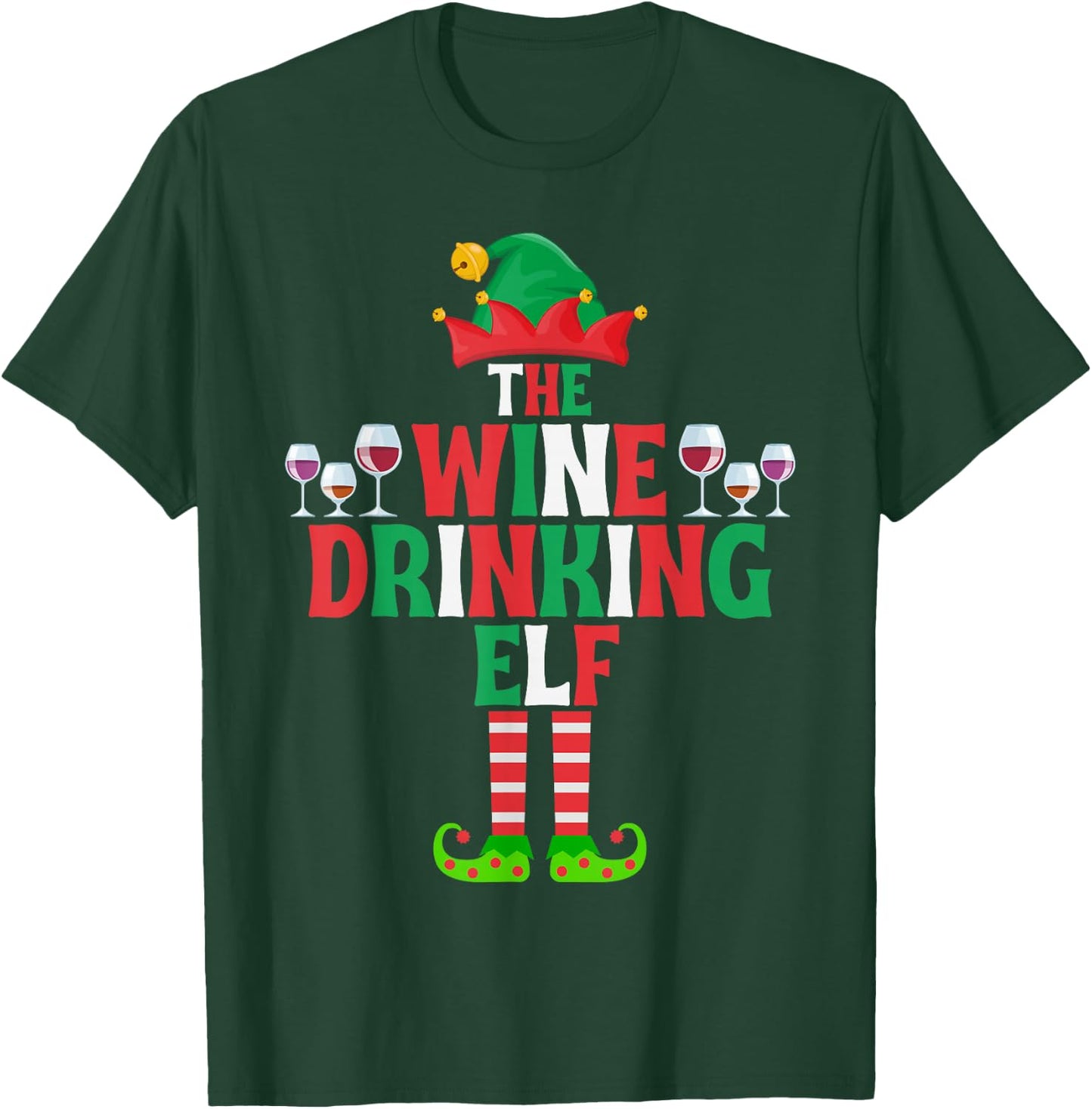 The Wine Drinking Elf, Funny Matching Family Group Christmas T-Shirt - T-Shirt | Forest