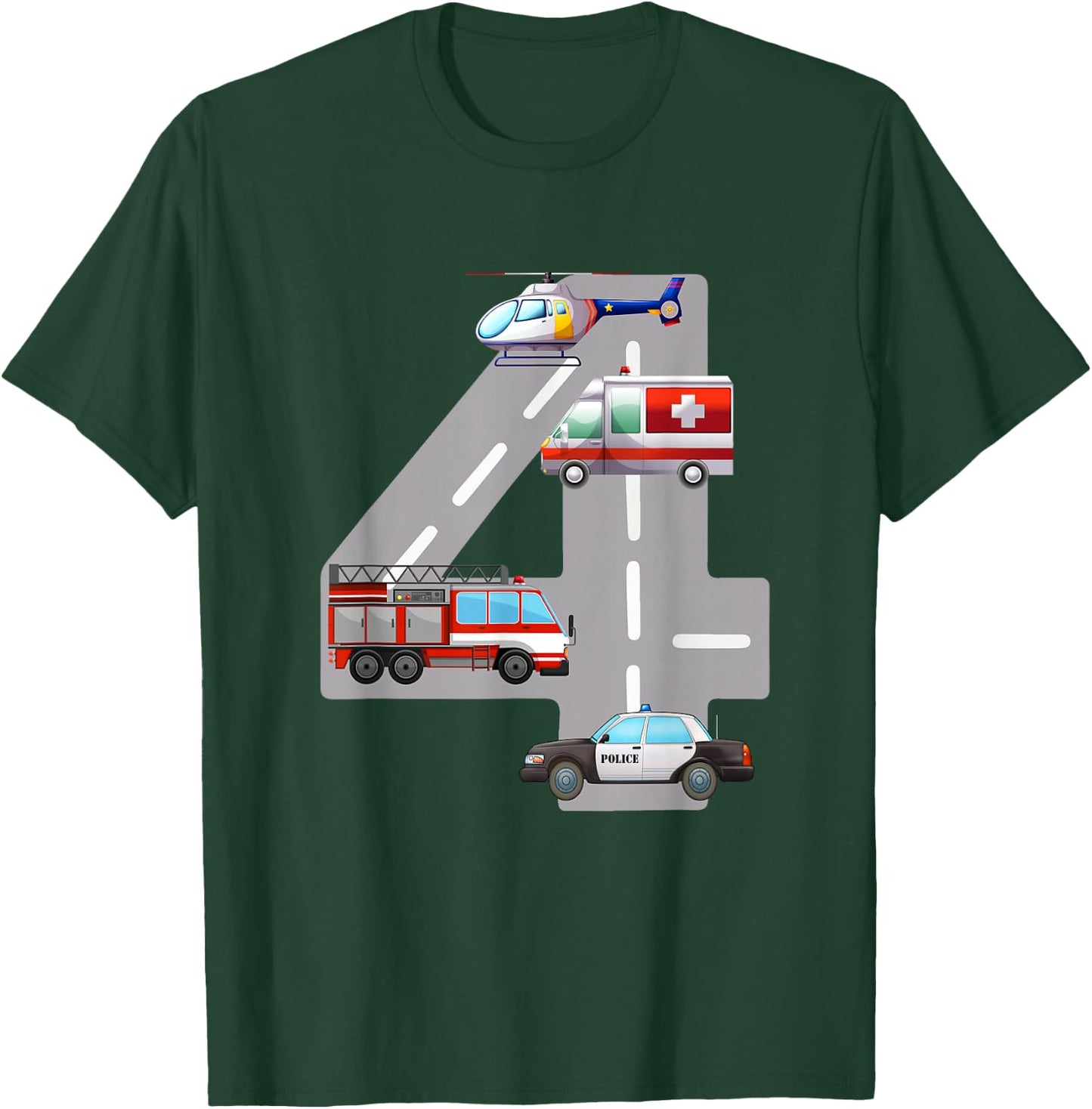 Emergency Vehicles 4th Birthday Fire Truck Police Car Boys T-Shirt - T-Shirt | Forest
