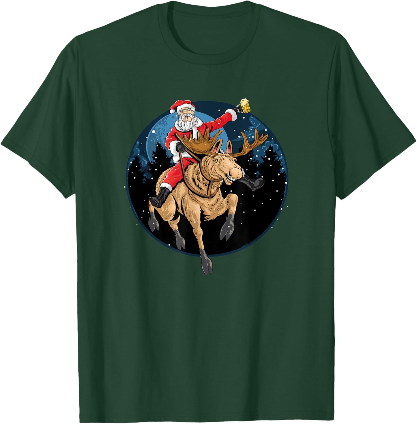 Santa Claus Drinking a Beer While Riding a Moose T-Shirt - T-Shirt | Forest