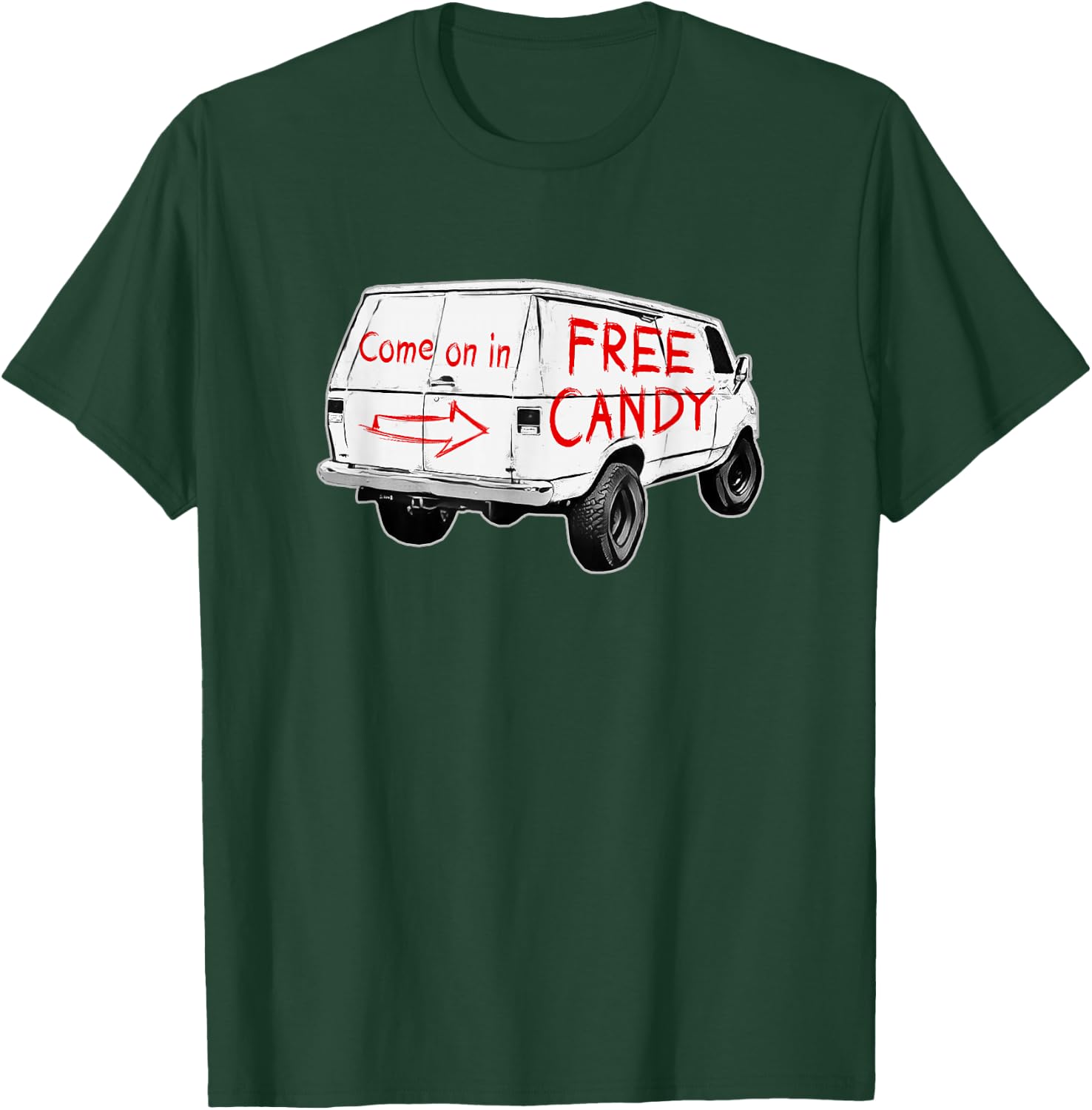 Redds Threads -Adults - Free Candy - Come On In - Creepy Van - Black - Small - Short Sleeve - Modern - Humorous Design T-Shirt - T-Shirt | Forest