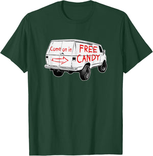 Redds Threads -Adults - Free Candy - Come On In - Creepy Van - Black - Small - Short Sleeve - Modern - Humorous Design T-Shirt - T-Shirt | Forest