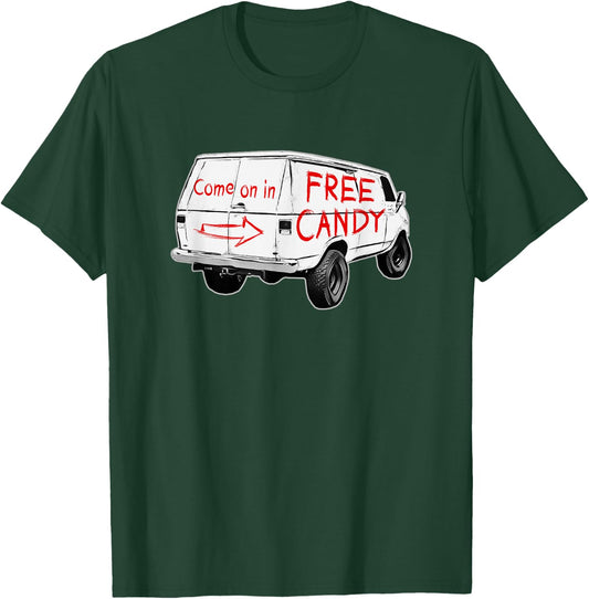 Redds Threads -Adults - Free Candy - Come On In - Creepy Van - Black - Small - Short Sleeve - Modern - Humorous Design T-Shirt - T-Shirt | Forest