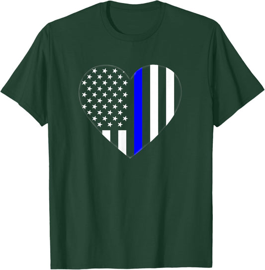 Love Our Police Officer US Flag Heart Thin Blue Line T-Shirt - T-Shirt | Forest