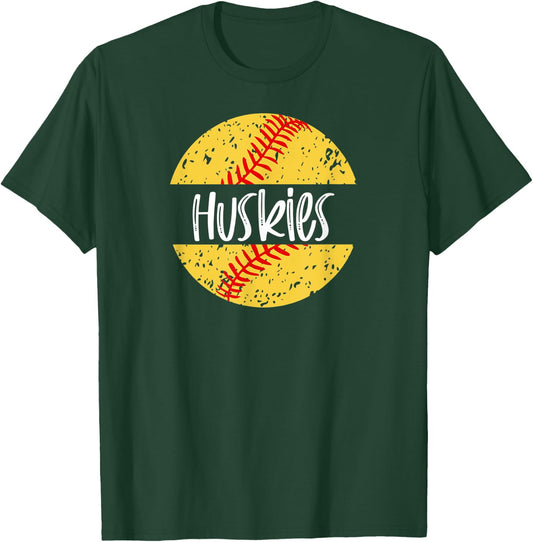 Huskies Softball Team Mascot School Spirit Game Day T-Shirt - T-Shirt | Forest