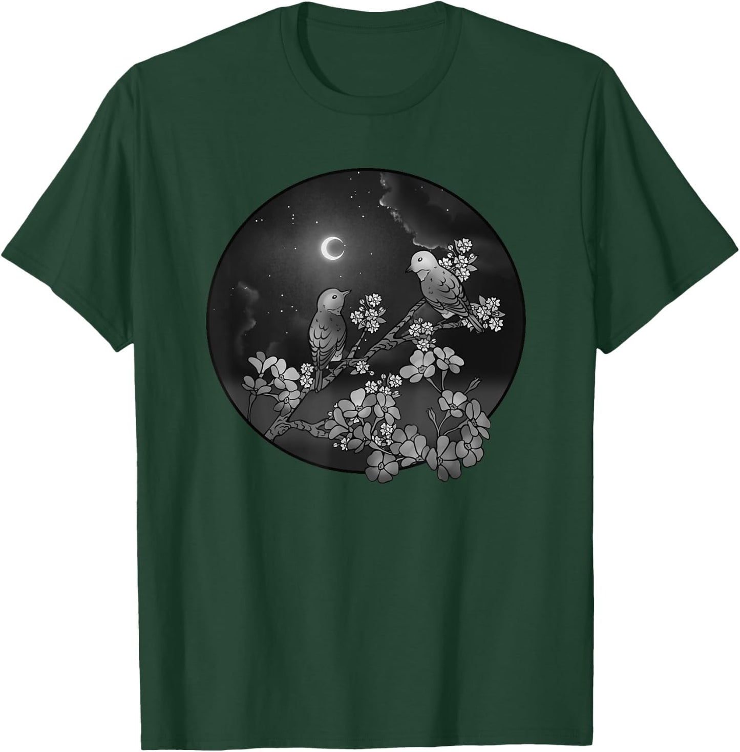 Blossoms Birds on Flowering Tree Starry Sky Crescent Moon T-Shirt - T-Shirt | Forest