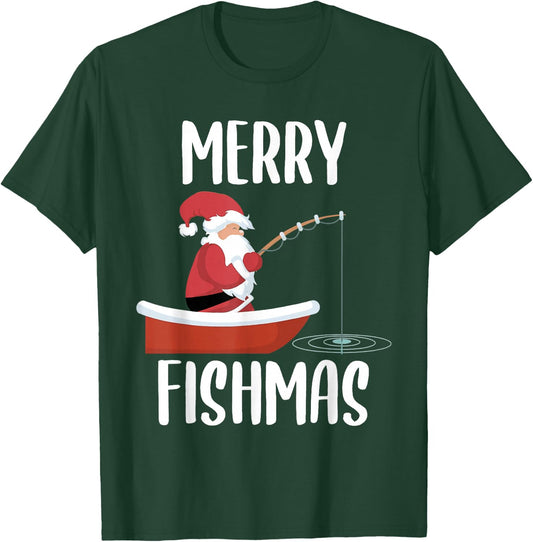 Merry Fishmas Funny Santa Fishing Fisherman Christmas Xmas T-Shirt - T-Shirt | Forest
