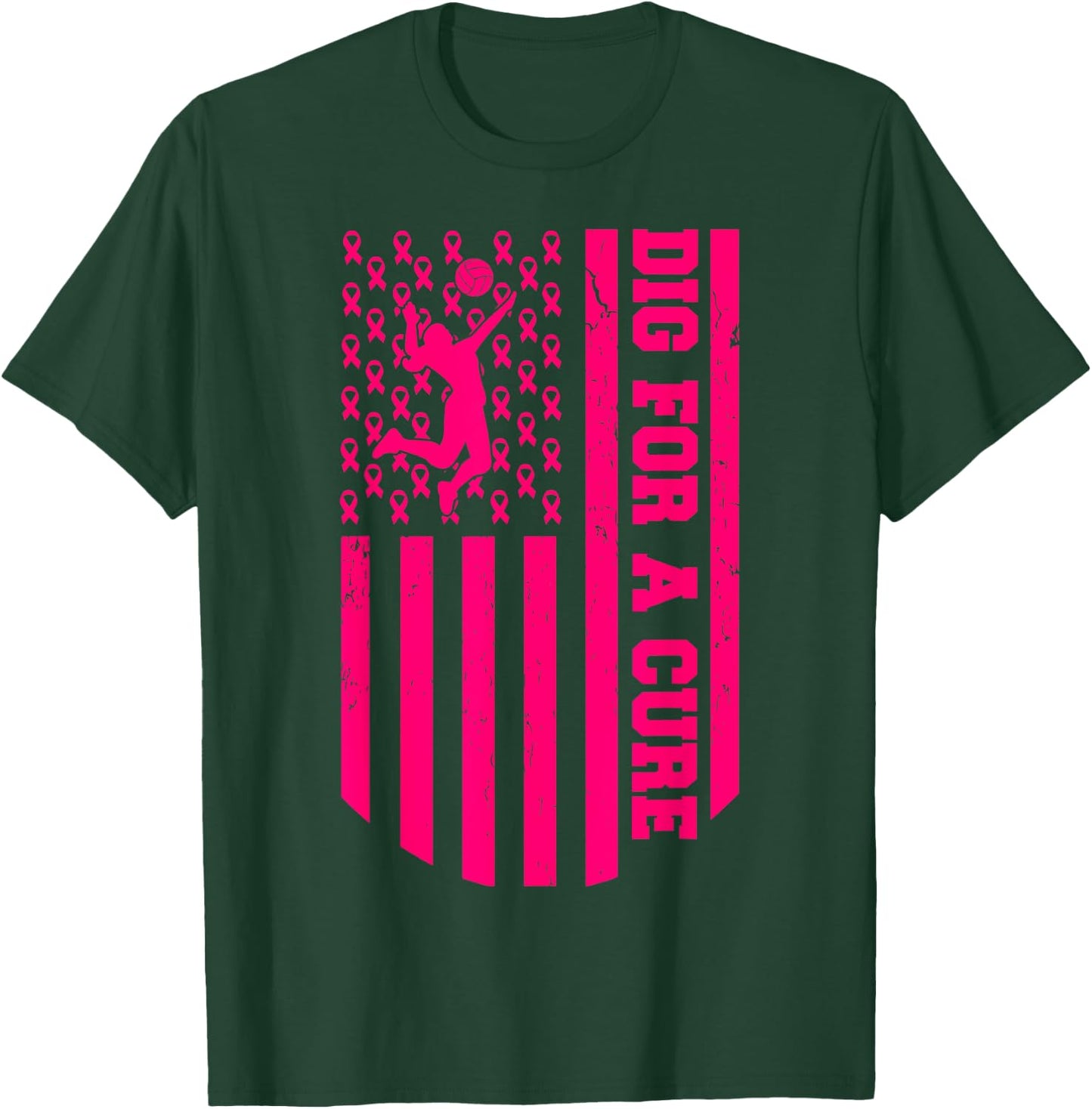 Dig For A Cure Breast Cancer Volleyball Pink American Flag T-Shirt - T-Shirt | Forest